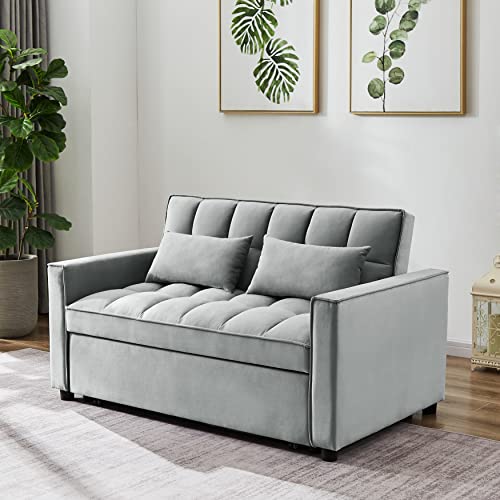 Modern Convertible Sofa Bed with Adjustable Backrest and 2 Lumbar Pillows, Velvet Loveseat Sleeper Sofa Couch with Pull-Out Bed for Small Spaces (Grey+Velvet9)