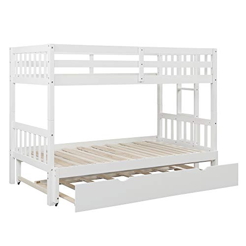 KLMM Twin Over Pull-Out Bunk Bed with Trundle, Wooden Twin Over Twin/Full/Queen/King Bunk Bed, Accommodate 4 People Extendable Bunk Beds with Ladder and Safety Rail (White)