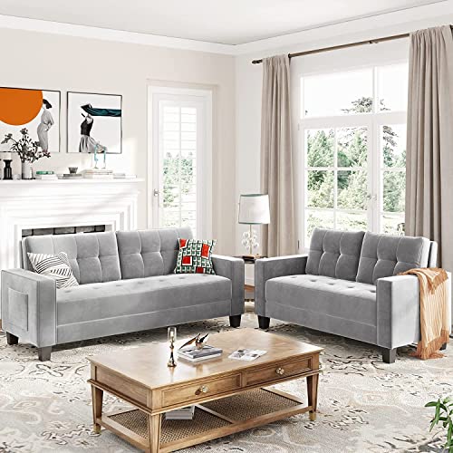 RINIMEI 2 Piece Living Room Furniture Set Include Upholstered Three Seater Sofá & Loveseat, Sectional Sofa Stylish Velvet Tufted Cushion Couch Easy Assemble W/Side Pockets,Grey, Gray