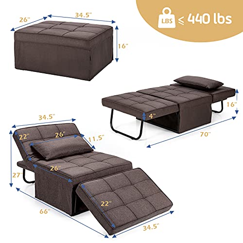 Giantex Sofa Bed Convertible Sleeper Adjustable Recliner Chair 4 in 1 Multi-Function 6-Position Backrest Ottoman Guest Bed Sofa Couch with Waist Pillow No Assembly (Brown)