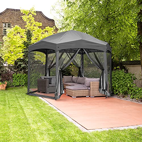 EAGLE PEAK 12' x 10' Pop-Up Portable 6 Sided Gazebo w/ Mosquito Netting Easy Center Push Canopy Shelter Instant Setup Outdoor Screen Tent (Gray)