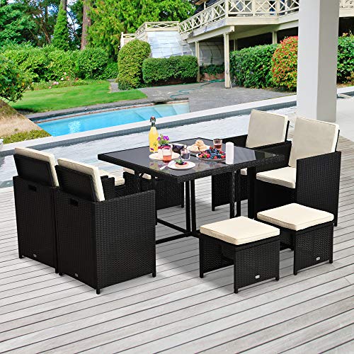 Outsunny 9 PCS Patio Dining Set Rattan Wicker Furniture Set w/Space Saving Chairs, Glass Top Table with Soft Cushion, Black