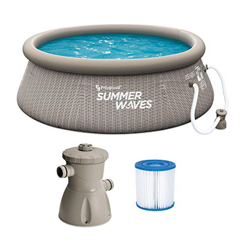 Summer Waves P1B00830A 8ft x 30in Round Quick Set Inflatable Ring Above Ground Swimming Pool with Filter Pump, Gray Basketweave Print