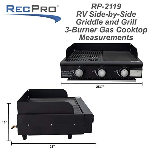 RecPro RV Side-by-Side Griddle and Grill | 3-Burner Propane Gas Cooktop | Flat-Top Grill and Grates | RV Grill