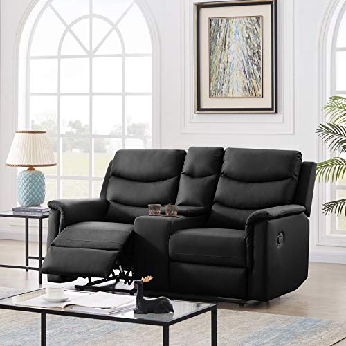 Reclining Sofa PU Leather Loveseat Recliner Chair Modern Living Room Set Furniture with Console Slate,Double Recliner Seat with Cup Holder,2-Seater with Flipped Middle Backrest for Theater Rv Sofa Bed