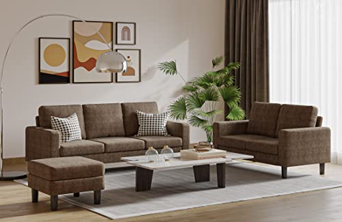 Panana 3 Piece Small Sofa Set, Sectional Sofa Loveseat with Ottoman for Small Space Living Room Apartment (Brown)