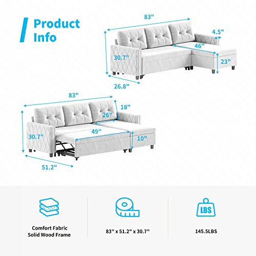 Mjkone Velvet Sectional Sleeper Sofa with Large Chaise Storage,Reversible Pull Out Couch Sofa Bed,L-Shape Sectional Sleeper Sofa(Cream White)