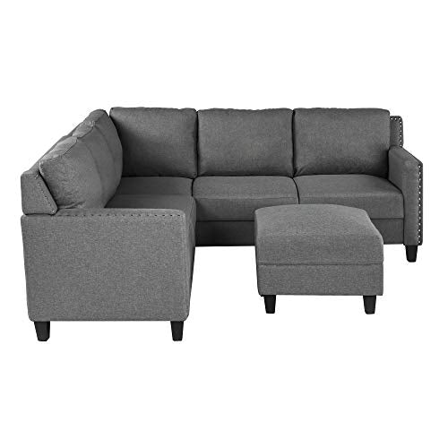 MERITLINE Sectioanl Sofa with Ottoman, Fabric L-Shaped Sectioanl Sofa Living Room Couch Set of 4 (Nail Trim-Grey)