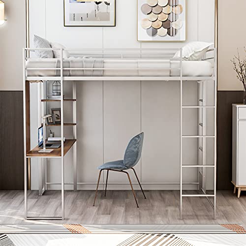 Harper & Bright Designs Full Loft Bed with Desk , Metal Heavy Duty Loft Bed Full with 2 Shelves, Full Size Loft Bed for Kids,Teens, No Box Spring Needed (Silver, Full )