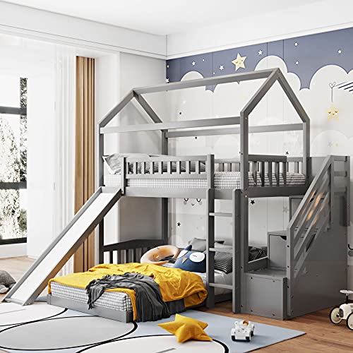 House Bunk Beds with Slide and Staircase, Twin Over Twin Bunk Beds with Roof and Guardrail for Kids, No Box Spring Needed (Grey (Slide+Staircase), Twin Over Twin)