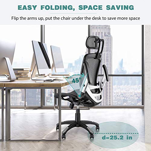 Gabrylly Ergonomic Mesh Office Chair, High Back Desk Chair - Adjustable Headrest with Flip-Up Arms, Tilt Function, Lumbar Support and PU Wheels, Swivel Computer Task Chair