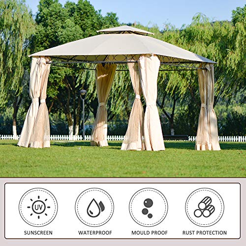 Quality Double Roof Patio Grill Canopy 12’ x 12’ Outdoor Canopy Gazebo Gazebo Steel Frame with Netting and Shade Curtains for Garden,Patio,Party Canopy-Cream BBQ Gazebo Tent with UV Protection, Beige