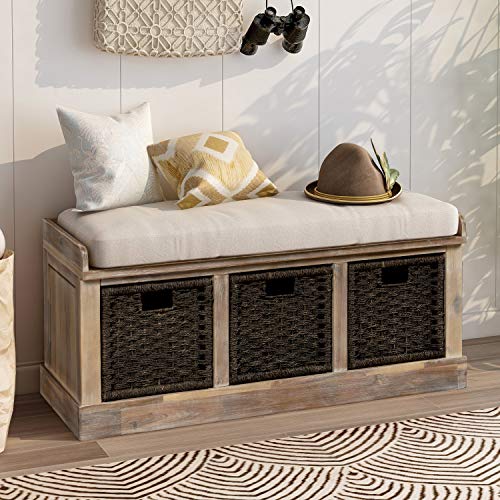 Harper & Bright Designs Rustic Storage Ottoman Bench with 3 Removable Classic Fabric Basket, Entryway Bench with Removable Cushion (White Washed)