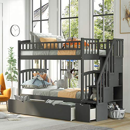 Twin Over Twin Bunk Bed with Staircases, 6 Storage and 3 Drawers, Convertible Bunk Bed for Kids, Bedroom, No Box Spring Needed