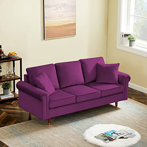 Modern Velvet Sofa Couch for Living Room, Purple Velvet Couch 3 Seater Sofa with 2 Pillows, 3 Cushions and Wooden Legs for Apartment and Bedroom
