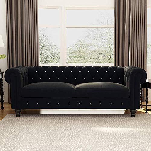 Sofa Couch Traditional Loveseat Sofa with Three Person Seat, Upholstered Button Tufted Chesterfield Velvet Sofa with Scroll Arms for Living Room Furniture, 80