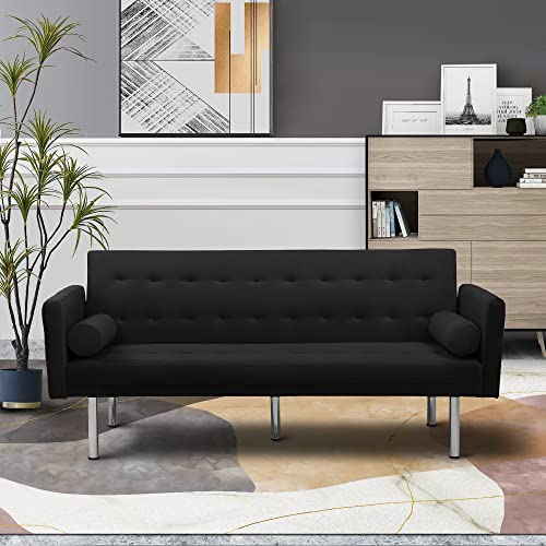 Lazyspace Modern Velvet Sofa Bed 3 Seater Click Clack Sofa Settee Recliner Couch with 2 Pillows and Metal Legs for Living Room/Guest Room/Office,Black Loveseat