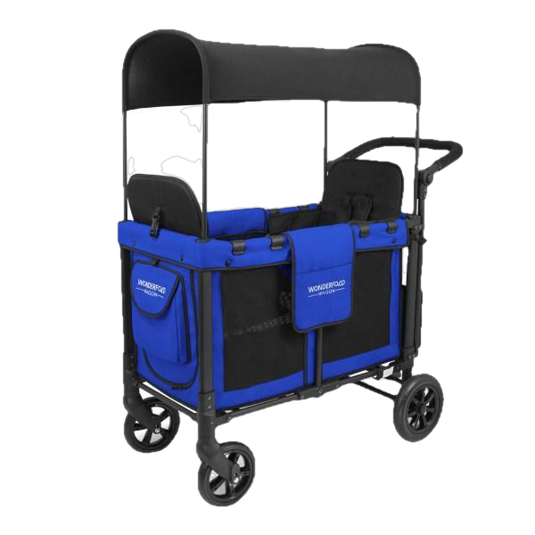 WonderFold Baby W2 Multi-Function Folding Double Stroller Wagon with Removable Canopy and Seats Blue New