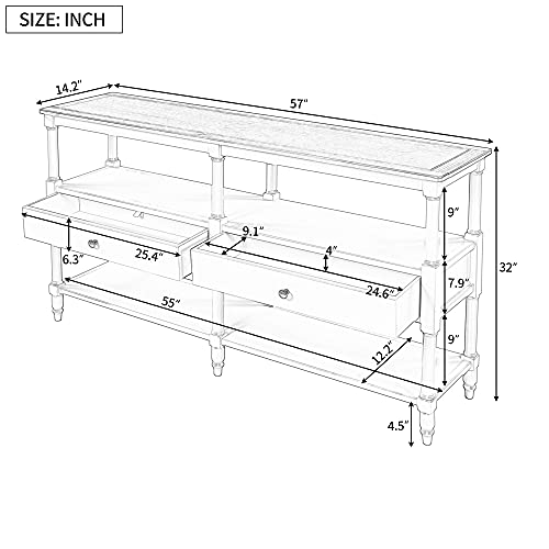 Harper & Bright Designs Rustic Console Table Buffet Sideboard Sofa Table with 3-Tier Open Storage Shelf and Two Drawers for Living Room, Entryway, Hallway, Bedroom and Dining Room（White）