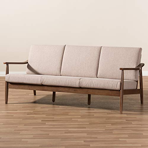 Baxton Studio Venza Mid-Century Modern Walnut Wood Light Brown Fabric Upholstered 3-Seater Sofa Mid-Century/Light Brown/Walnut Brown/Fabric Polyester 100%
