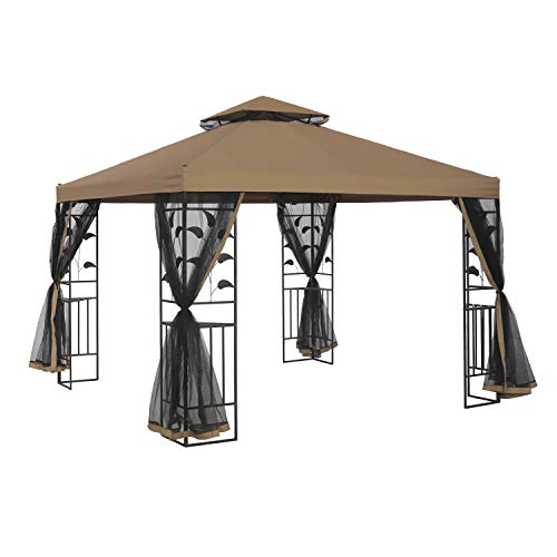 SUNA OUTDOOR Gazebo 10x10 Ft Steel Frame Two-Tiered Top Canopy, Leaf Screen Decor Gazebo with Adjustable Netting for Garden Backyard, Tan