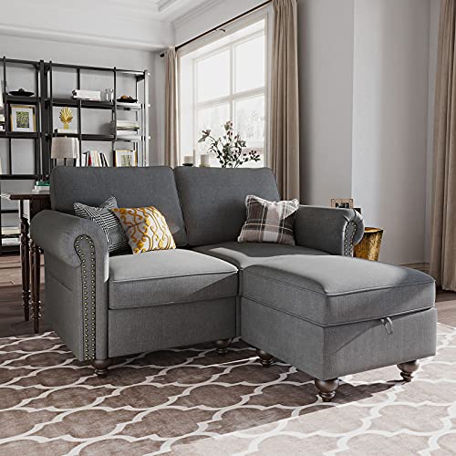 Nolany Sectional Sofa Couches L Shaped Sofa with Storage Ottoman Linen Fabric Loveseat Sofa with Reversible Chaise for Small Apartment, Grey