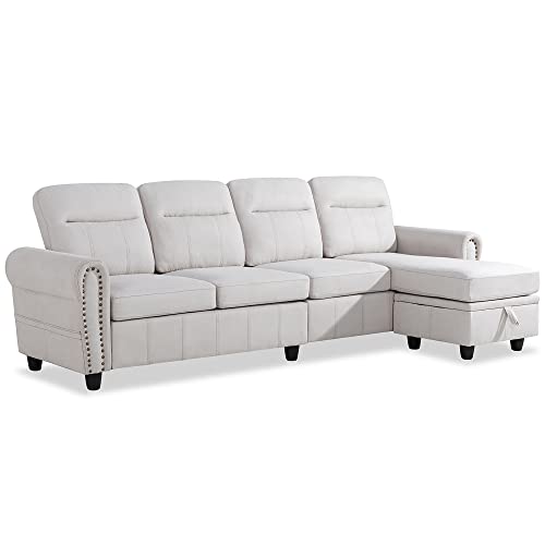 JAMFLY Convertible Sectional Sofa Couch with Reversible Chaise, L-Shaped 4-seat Couch with Modern Chenille Fabric for Living Room(Beige)