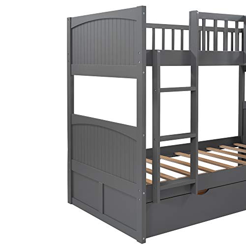 L-Shaped Triple Bunk Beds, Twin Size Buck Bed with a Loft Bed Attached, Wooden Bunk Bed with Two Storage Drawers for Kids, Teens, Adults Grey