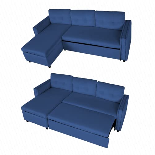 Mjkone Sectional Sleeper Sofa with Storage Chaise and Pocket, Velvet Reversible Pull Out Sofa Bed (Navy Blue)