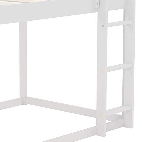 Harper & Bright Designs Low bunk Bed Twin Over Twin , Wood Bunk Beds with Guard Rail for Kids, Toddlers, House Bed with Ladder ,No Box Spring Needed ,White