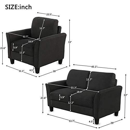 Knocbel 2 Pieces Living Room Furniture Set, Upholstered Linen Fabric Sofa Couch Loveseat Leisure Chair with Armrest (Black)