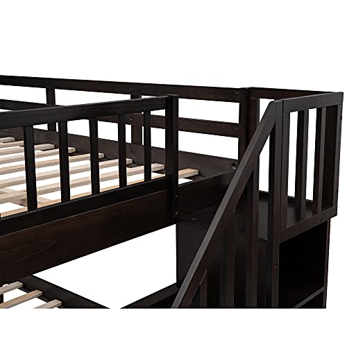Full Over Full Bunk Bed with Stairs, Solid Wood Bunk Bed with Storage and Guardrail for Kids Teens Adults (Espresso)