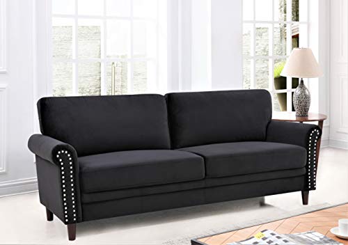 Container Furniture Direct Modern Velvet Upholstered Rolled Arm Loveseat, Loose Back 2-Seater Sofa Couch for Living Room, Bedroom, Reading and Home Office, 57 Inches, Black