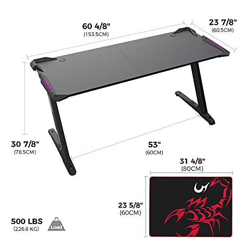 EUREKA ERGONOMIC Z60 Gaming Desk 60 inch Computer Desk Z Shaped Large PC Tables with RGB LED Lights Mouse Pad for E-Sport Racing Gamer Pro Home Office Gift