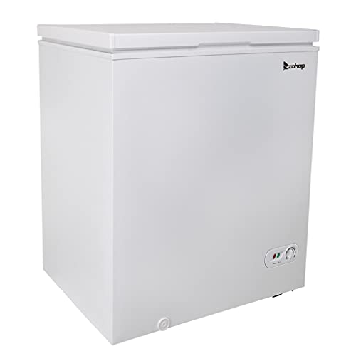 YZJC 5.0 Cu Ft Chest Freezer with Removable Basket, Free-Standing Door, Adjustable Thermostat, Energy Saving Deep Freezer for Homes, Garages, Basements, RVs, White