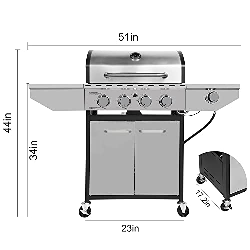 Honeydrill Propane Gas Grill with Side Burner,4-Burner, Stainless Steel
