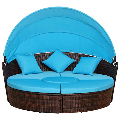 Outsunny 5-Piece Cushioned Outdoor Rattan Wicker Round Sunbed or Conversational Sofa Set with Sun Canopy, Brown