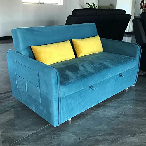 RINIMEI Velvet Convertible Recliner Couch w/Side Storage Pockets, Loveseat Pull-Out Sleeper Sofa Bed with 2 Pillows & Adjustable Backrest for Living Room Apartment Compact Space, Blue