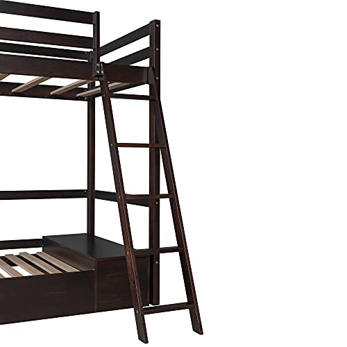 Twin Loft Bed with Convertible Lower Bed, Wood Kids Loft Bed Frame, Loft Bed Twin with Storage Drawer and Shelf ,No Box Spring Needed, Espresso