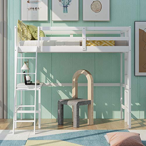 Wooden Loft Bed with 2 Shelves and 40.6 x 17.7inch Desk, Space-Saving Twin Size Loft Bed with 2 Ladders and Guardrails, No Box Spring Needed