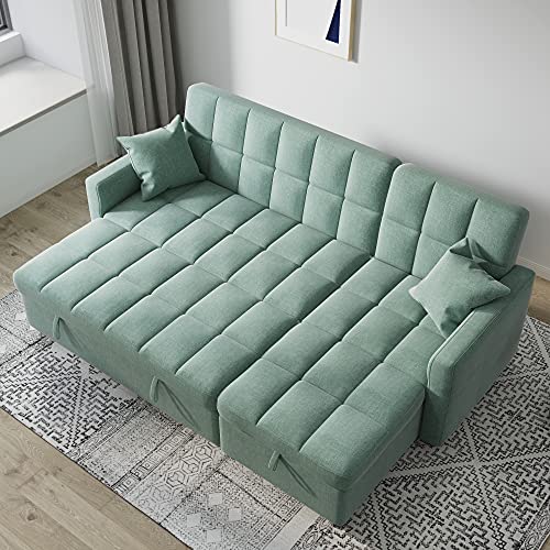 MGH Reversible Sectional Sleeper Sofa, 82'' Wide Sectional Sofa Couch with Storage, Pull-Out Sofa Bed L-Shape Sectional Sofa with Chaise for Living Room Small Apartment (Green)