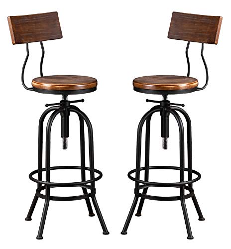 Industrial Bar Stool-Adjustable Swivel Round Wood Metal Kitchen Stool-26-32 Inch-Rustic Farmhouse-Counter Height Extra Tall Bar Height Stool-Arc-Shaped Backrest,Welded,Set of 2