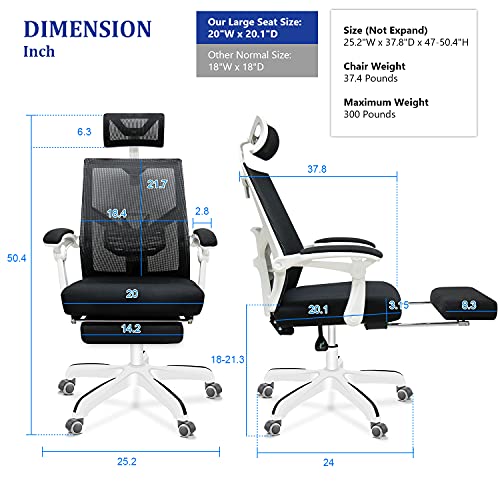Ergonomic Office Chair, 155° Reclining High Back Mesh Office Chair with Footrest, Large Seat & Linkage Armrest, Adjustable Swivel Computer Desk Chair, White