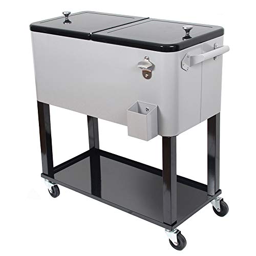 UPHA 80 Quart Rolling Outdoor Patio Cooler Cart on Wheels, Portable Drink Beverage Bar for Patio Pool Party, Ice Chest with Shelf and Bottle Opener, Silvery
