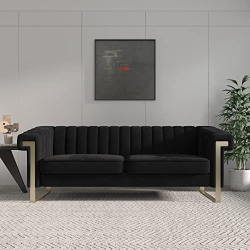 Magic Home 83.85 Inch Velvet Sofa Couch,Mid-Century Loveseat Sofa, Upholstered Living Room Sofa with Removable Cushion for Living Room Bedroom Apartment (Black)