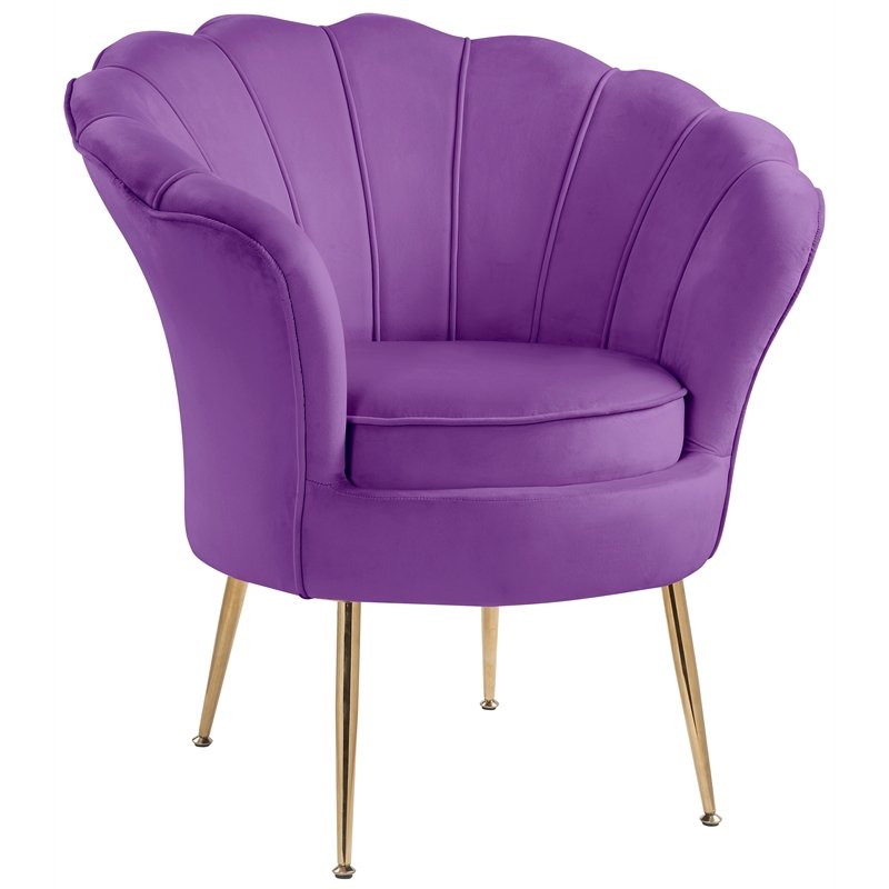 Angelina Velvet Scalloped Back Accent Chair with Metal Legs in Purple