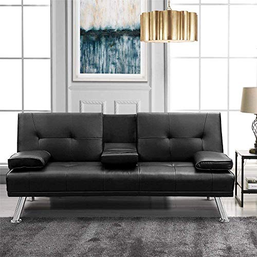 Suwikeke Faux Leather Convertible Futon Removable Armrests/Metal Legs, 2 Cupholders Sofa Bed, Black