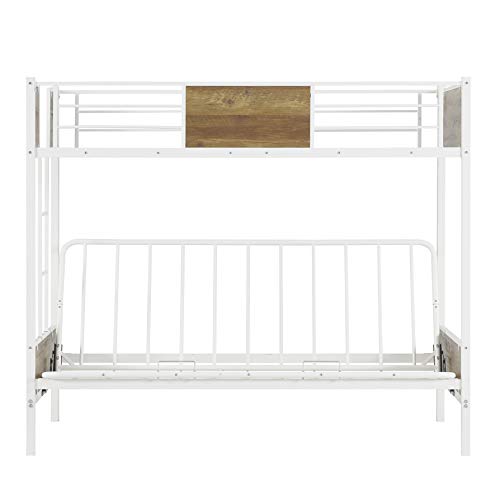 Bunk Bed with Futon ,Twin Over Futon Bunk Bed Easy Conversion to Twin Over Full Bunk Beds, Metal Futon Bunk Bed with Guardrails and Ladder, White