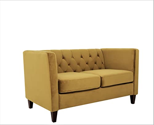 US Pride Furniture High Density Foam 56.7'' Wide Medallion Yellow Velvet Button-Tufted 2 Seater Living Room Loveseat with Removable Cushion & Solid Wood Legs (S5708-5714) Love Seats