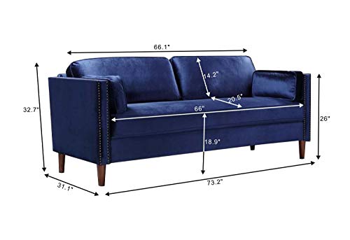 Rhomtree Velvet Sofa Couch Mid Century Upholstered Loveseat Lounger Living Room Couch (73 inch, Blue)